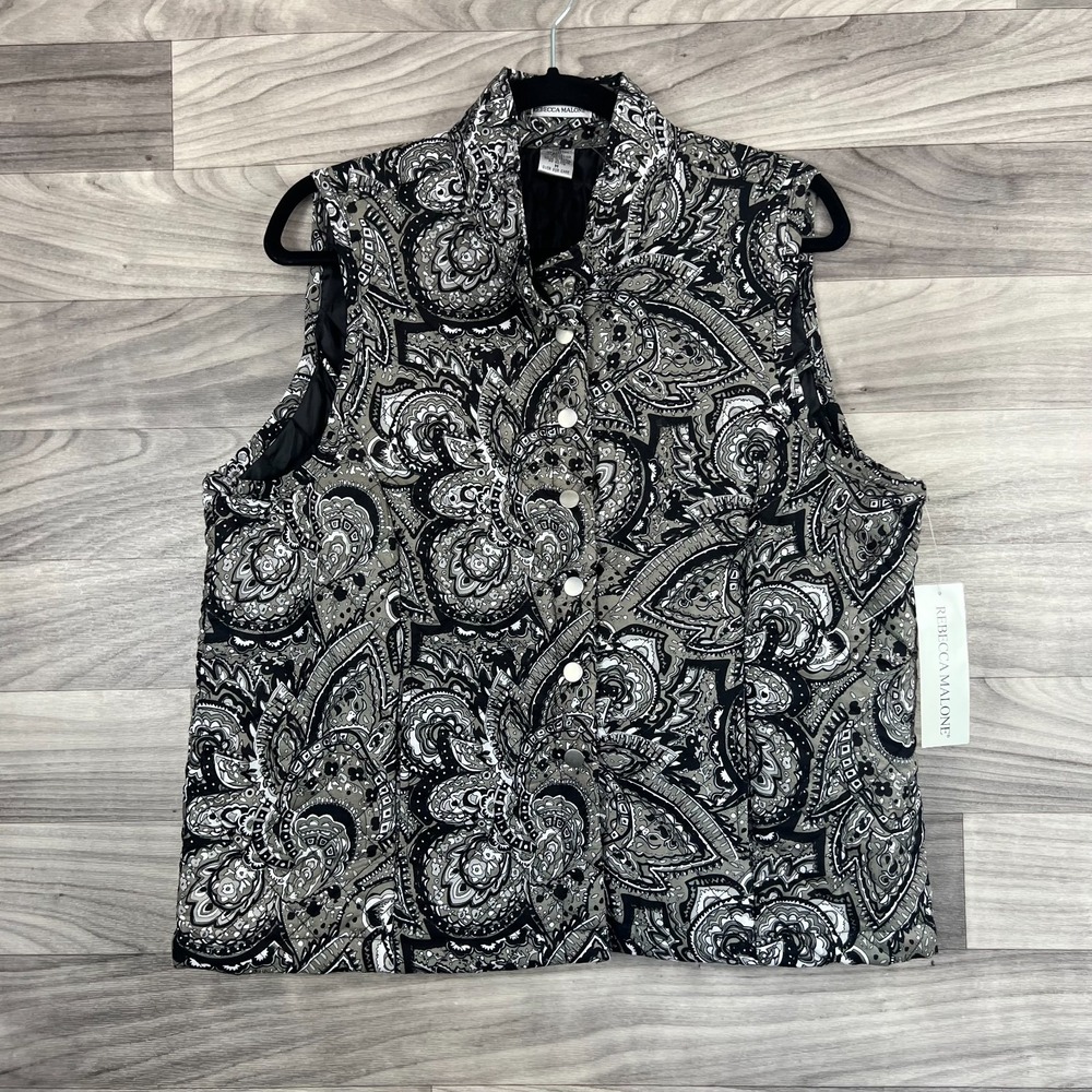 Rebecca Malone Quilted Vest Jacket Womens Medium Black Paisley Cotton Snap Front